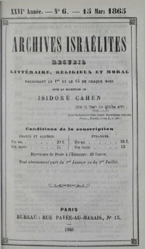 Archives israélites de France. Vol.26 N°06 (15 mars 1865)
